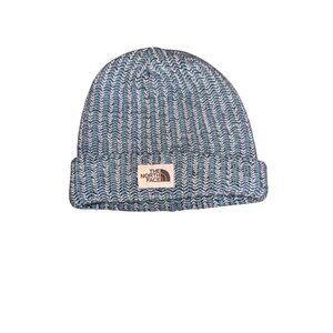 The North Face Blue & White Knit Beanie With Fleece Lining One Size